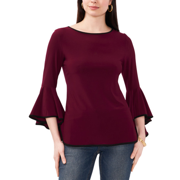 Sam and jess Tops - Sam & Jess Maroon Wine Contrast Trim Round Hem Bell Sleeve Blouse Top Large NWT